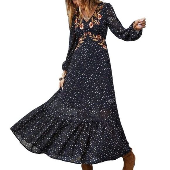 Western Embroidered Floral V-Neck Long Sleeve Maxi Dress Small / 4